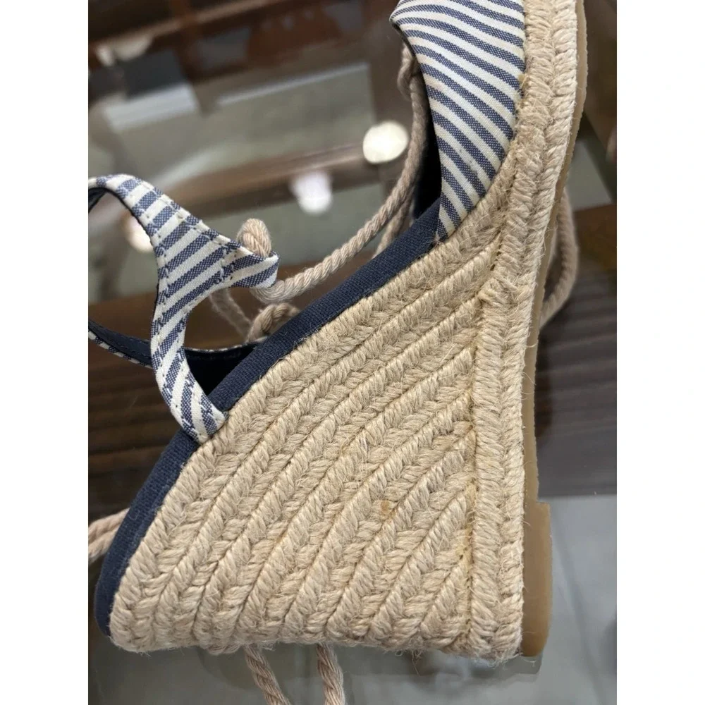 American Living Women's Striped Leather Wedge Espadrille Sandals Bow US 8.5